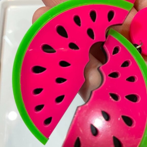 90s Neon Pink and Green Watermelon Slice Statement Earrings - Picture 5 of 13